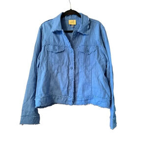 Elie by Elie Tahari 100% Linen raw hem jean jacket cornflower XL casual elegance